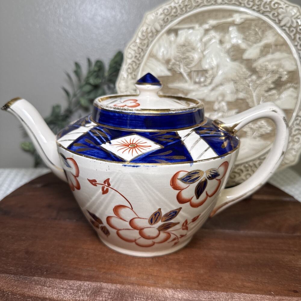 Sadler England Imari Floral Teapot Blue Rust Red Gold 10” Lid Chip Vintage